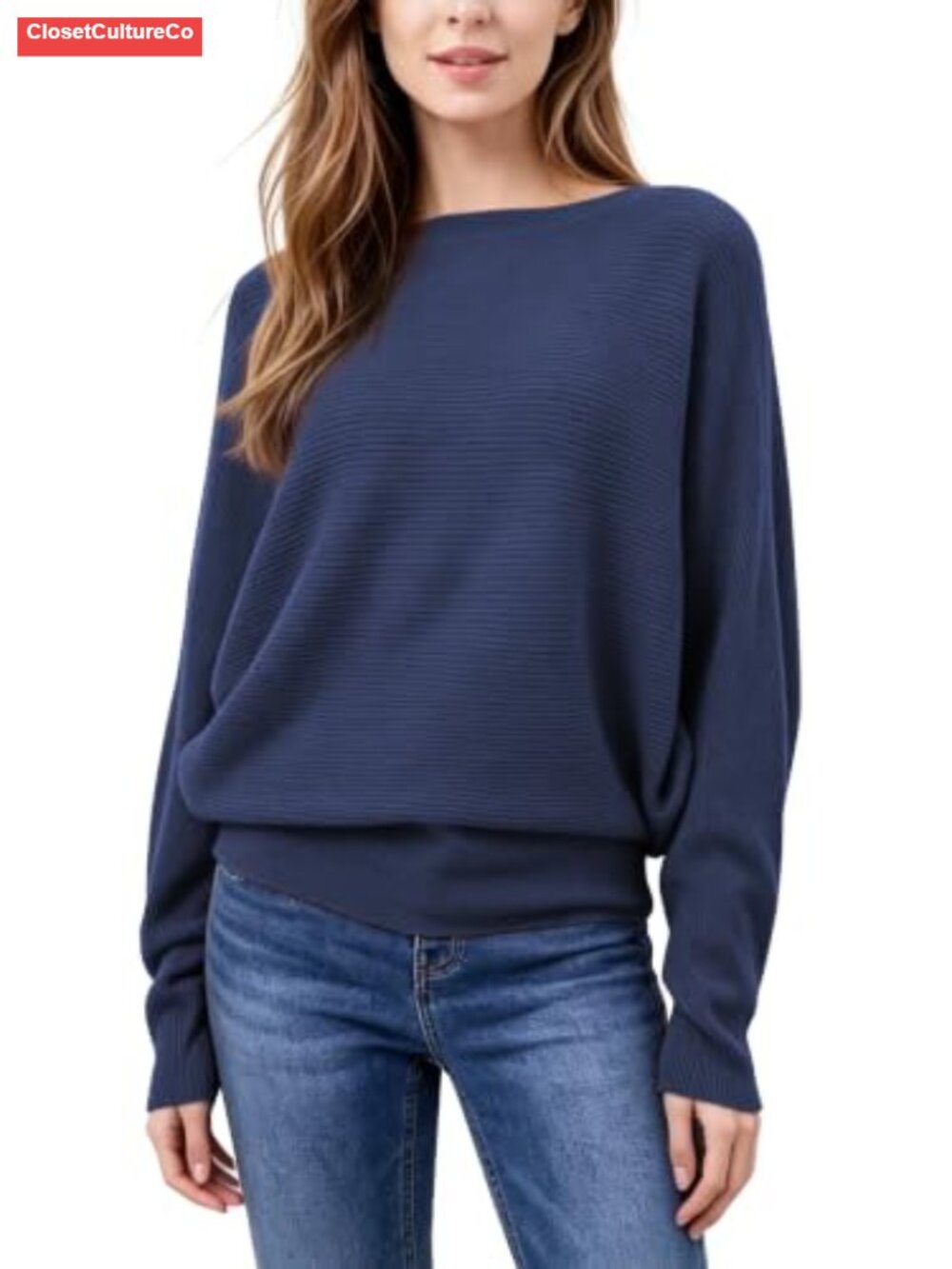 Womens Boat Neck Batwing Sleeve Ribbed Knit Pullover Sweater Loose Fit